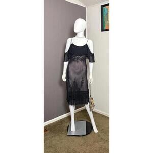 1990's Embroidered Chiffon Slip Dress: Boho Whimsy Black Evening Gown